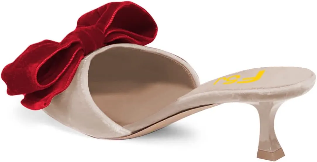 FSJ Women Velvet Kitten Low Heel Mules Sandals Slip On Bowknot Closed Toe Backless Sexy Casual Dress Summer Slipper Slides Size 4-15 US
