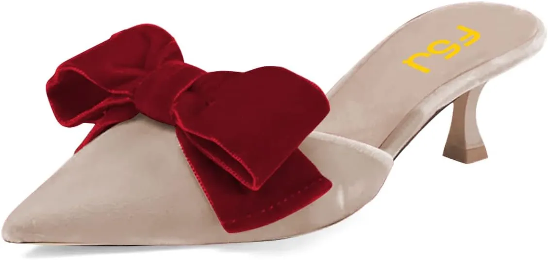 FSJ Women Velvet Kitten Low Heel Mules Sandals Slip On Bowknot Closed Toe Backless Sexy Casual Dress Summer Slipper Slides Size 4-15 US
