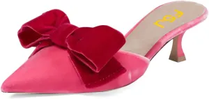 FSJ Women Velvet Kitten Low Heel Mules Sandals Slip On Bowknot Closed Toe Backless Sexy Casual Dress Summer Slipper Slides Size 4-15 US