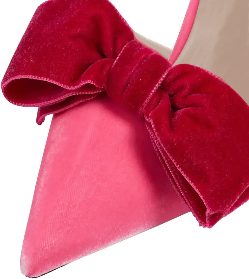 FSJ Women Velvet Kitten Low Heel Mules Sandals Slip On Bowknot Closed Toe Backless Sexy Casual Dress Summer Slipper Slides Size 4-15 US