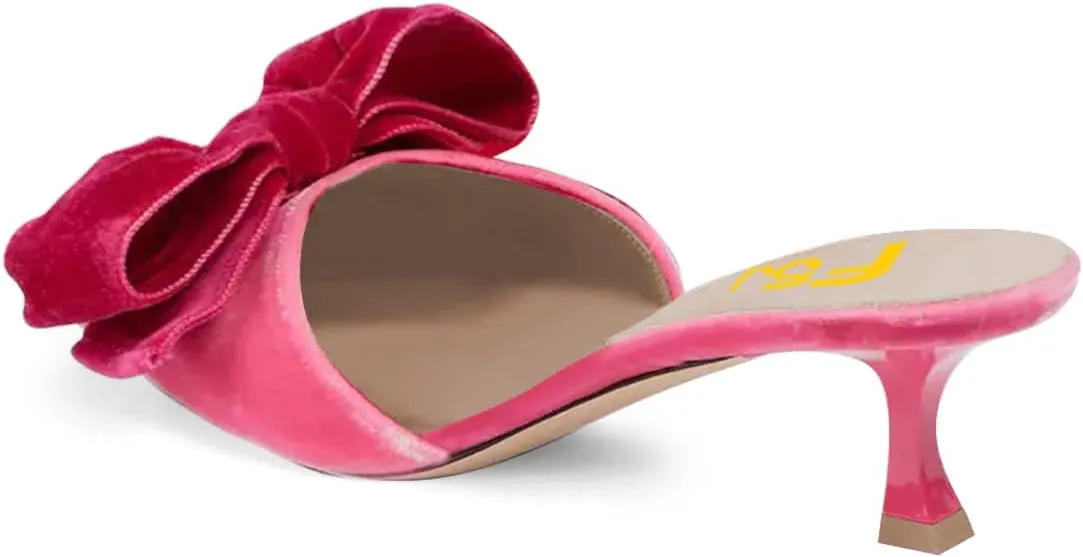 FSJ Women Velvet Kitten Low Heel Mules Sandals Slip On Bowknot Closed Toe Backless Sexy Casual Dress Summer Slipper Slides Size 4-15 US