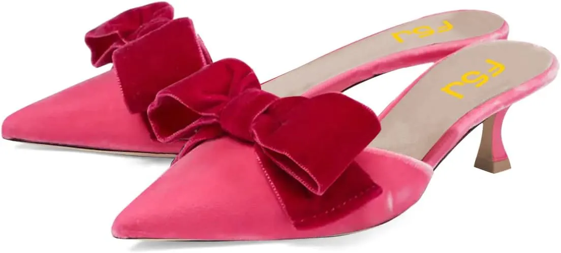 FSJ Women Velvet Kitten Low Heel Mules Sandals Slip On Bowknot Closed Toe Backless Sexy Casual Dress Summer Slipper Slides Size 4-15 US