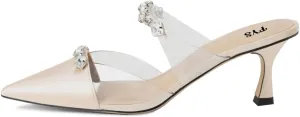 FYS Women Pointed Toe Kitten Heeled Mules Rhinestone Clear Strap Slip On Sandals Slide Satin Summer Party Dress Wedding Bridal Prom Backless Pump Shoes Size 4-15 US
