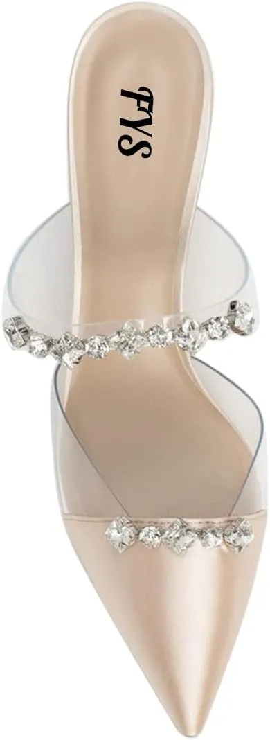 FYS Women Pointed Toe Kitten Heeled Mules Rhinestone Clear Strap Slip On Sandals Slide Satin Summer Party Dress Wedding Bridal Prom Backless Pump Shoes Size 4-15 US