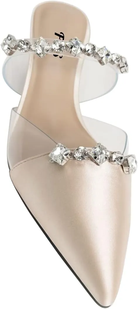 FYS Women Pointed Toe Kitten Heeled Mules Rhinestone Clear Strap Slip On Sandals Slide Satin Summer Party Dress Wedding Bridal Prom Backless Pump Shoes Size 4-15 US