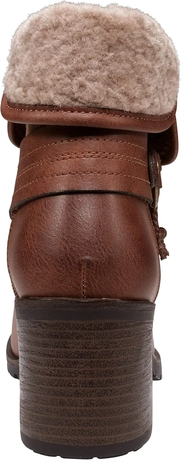 GC Shoes Foldover Ankle Boots for Women, Plush Cuff Low Heel Vegan Leather Buckle Strap Fashion Booties