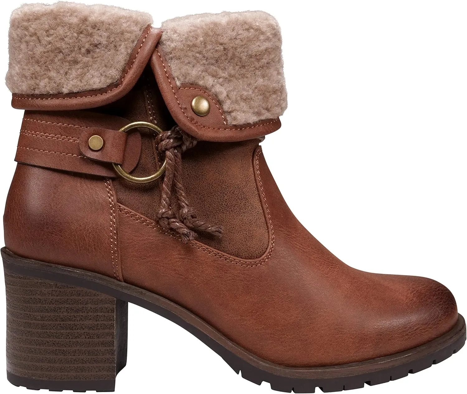 GC Shoes Foldover Ankle Boots for Women, Plush Cuff Low Heel Vegan Leather Buckle Strap Fashion Booties
