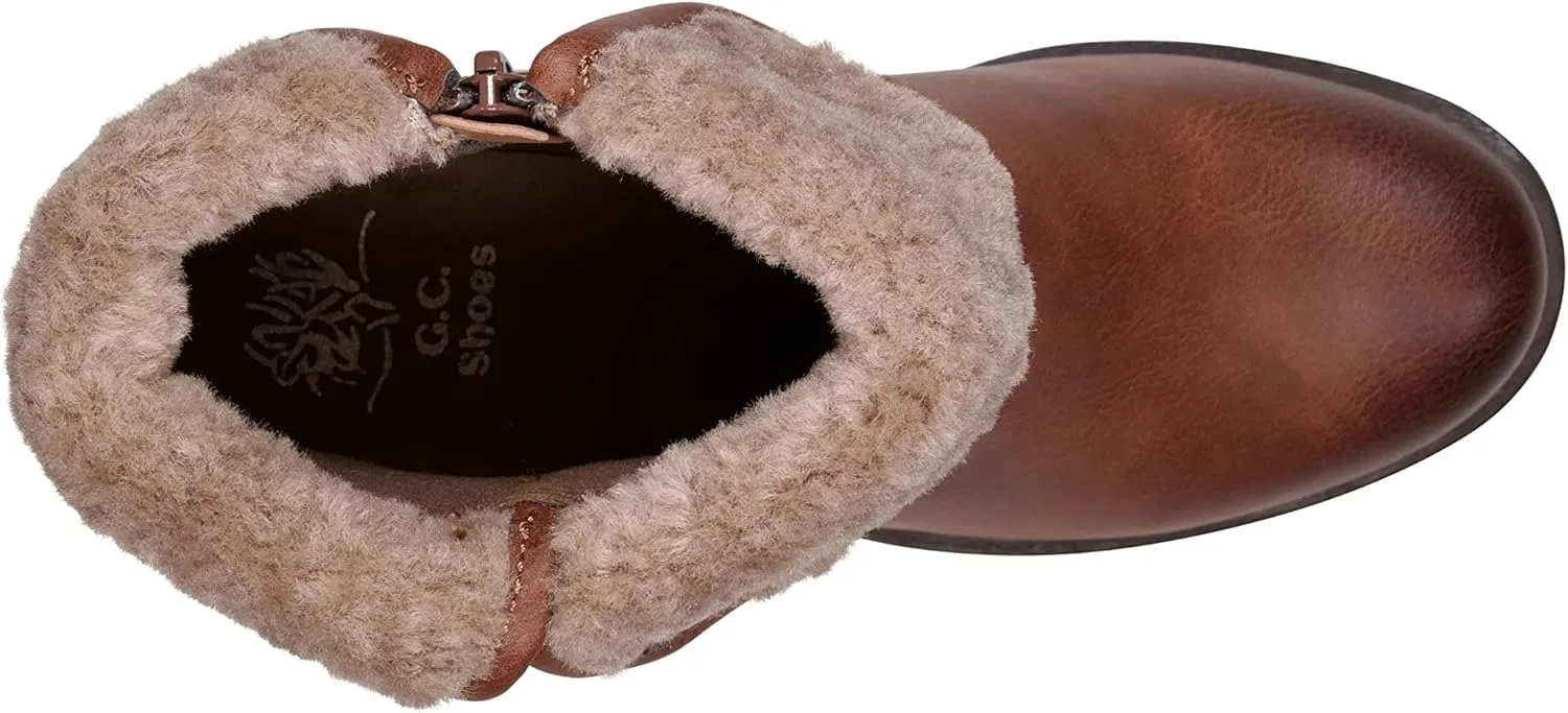 GC Shoes Foldover Ankle Boots for Women, Plush Cuff Low Heel Vegan Leather Buckle Strap Fashion Booties