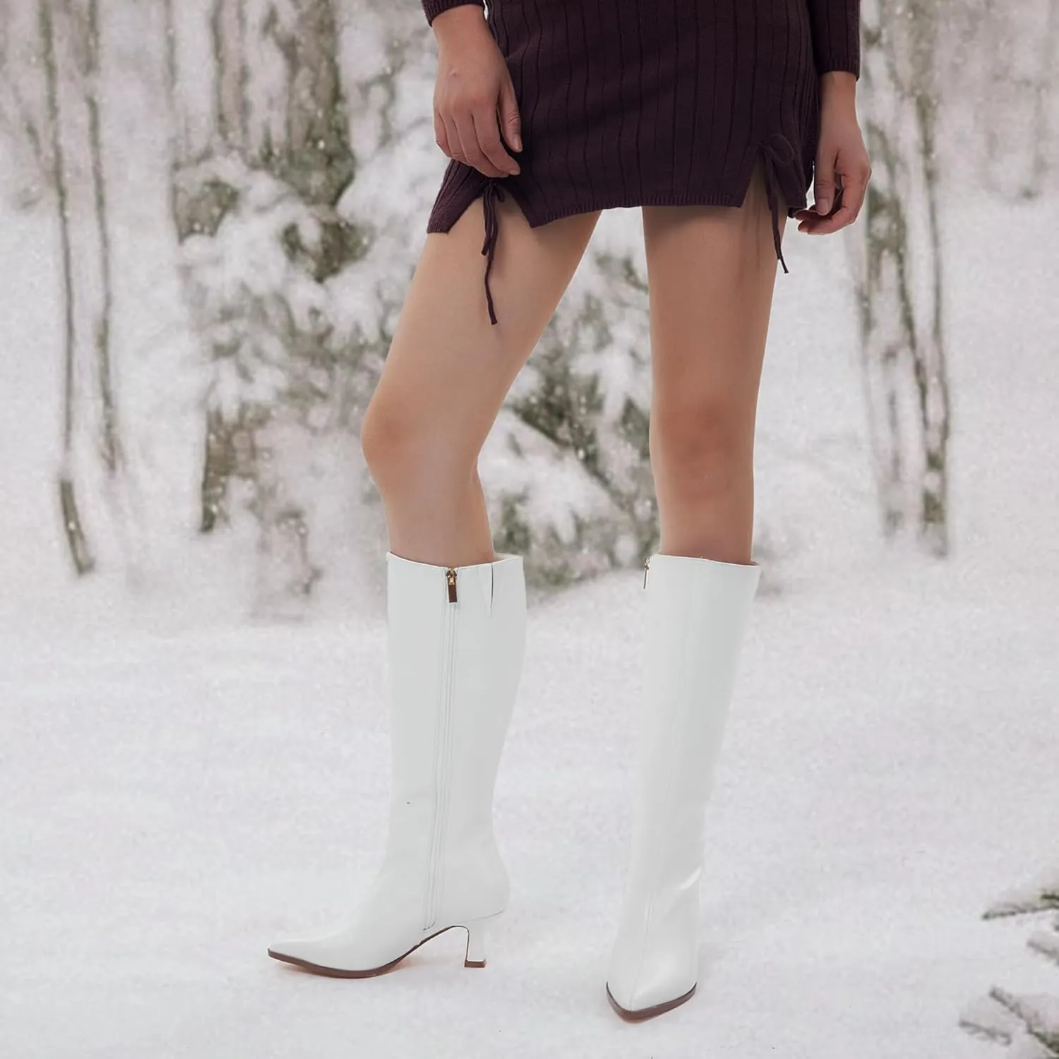 GENSHUO Knee High Boots Women Pointed Toe 2.3 Inches Kitten Heel Tall Boots Classic Fashionable Long Boots with Side Zipper Winter