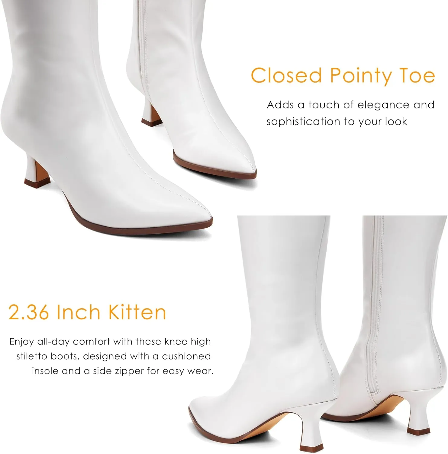 GENSHUO Knee High Boots Women Pointed Toe 2.3 Inches Kitten Heel Tall Boots Classic Fashionable Long Boots with Side Zipper Winter