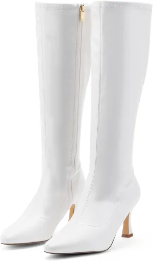GENSHUO Knee High Boots Women Pointed Toe 3 Inches High Kitten Heel Tall Boots Classic Fashionable Calf Long Boots with Side Zipper Winter