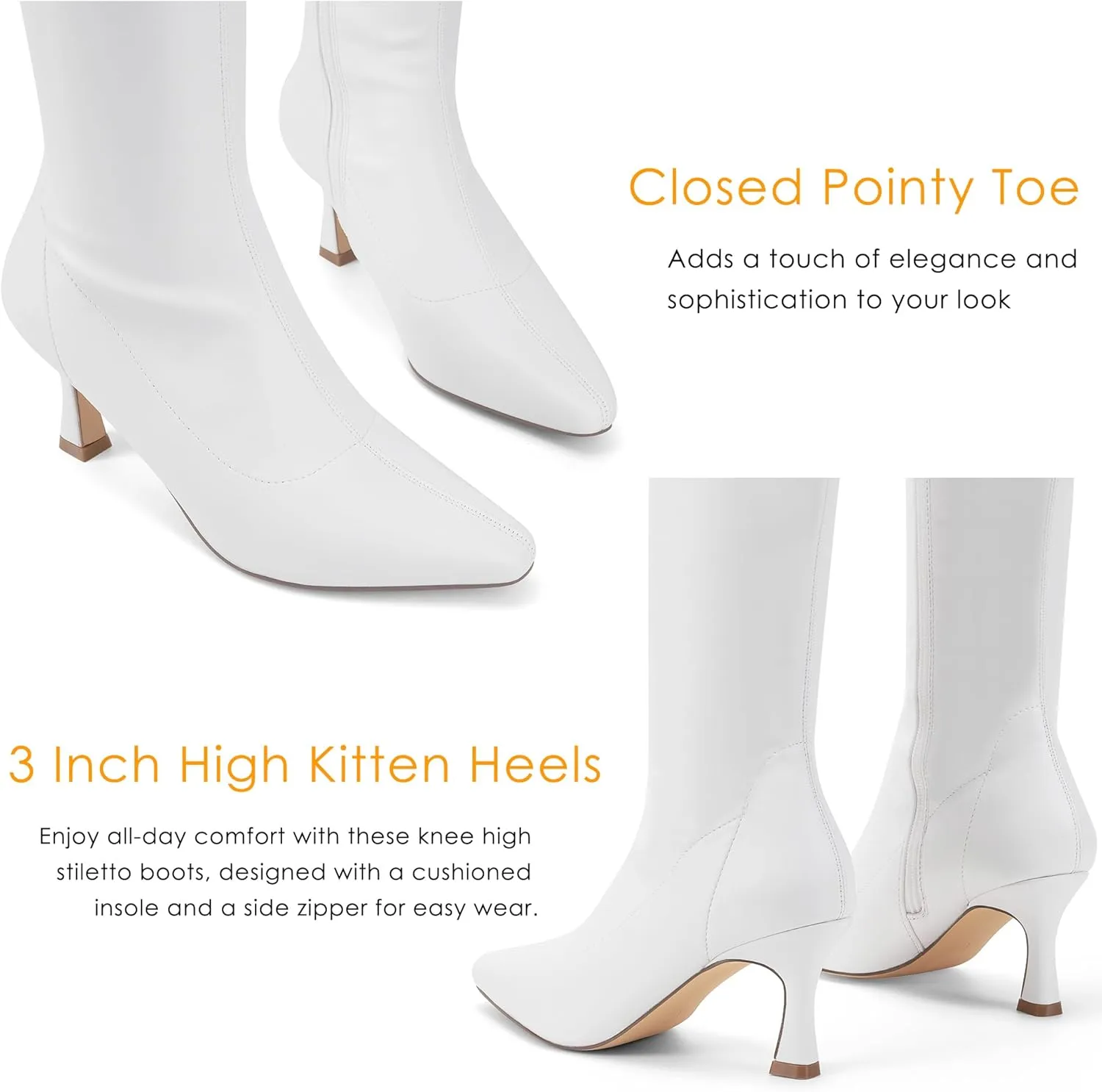 GENSHUO Knee High Boots Women Pointed Toe 3 Inches High Kitten Heel Tall Boots Classic Fashionable Calf Long Boots with Side Zipper Winter