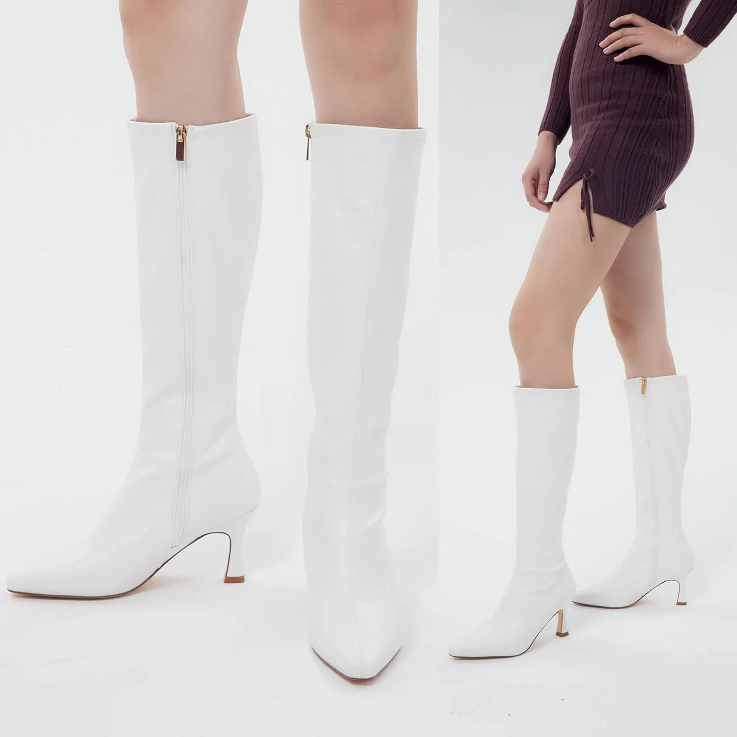 GENSHUO Knee High Boots Women Pointed Toe 3 Inches High Kitten Heel Tall Boots Classic Fashionable Calf Long Boots with Side Zipper Winter