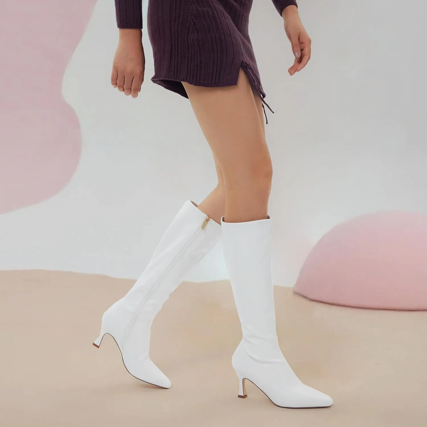 GENSHUO Knee High Boots Women Pointed Toe 3 Inches High Kitten Heel Tall Boots Classic Fashionable Calf Long Boots with Side Zipper Winter