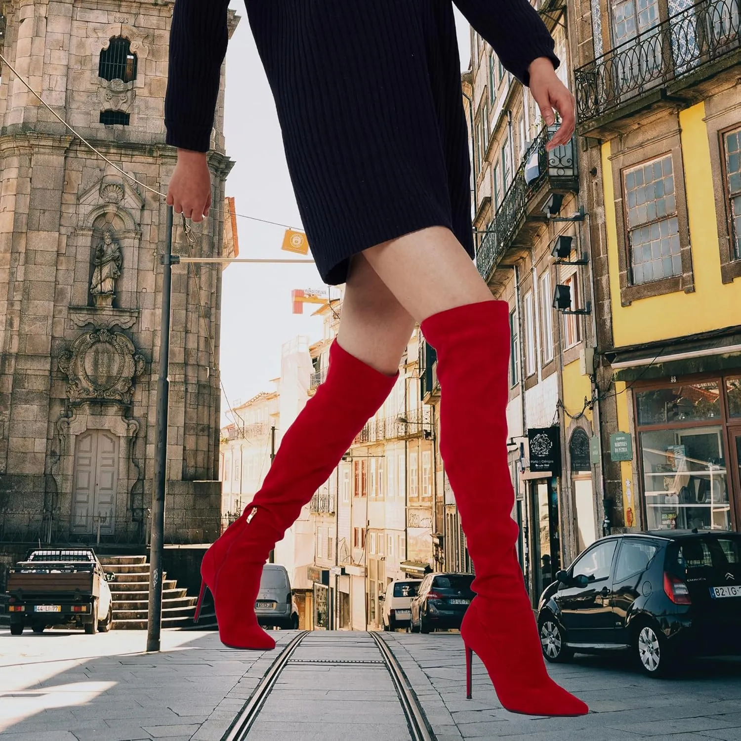 GENSHUO Over the Knee Boots for Women with Heel Suede Thigh High Boots Stretch Sexy Pointed Toe Stiletto Long Boot Shoes