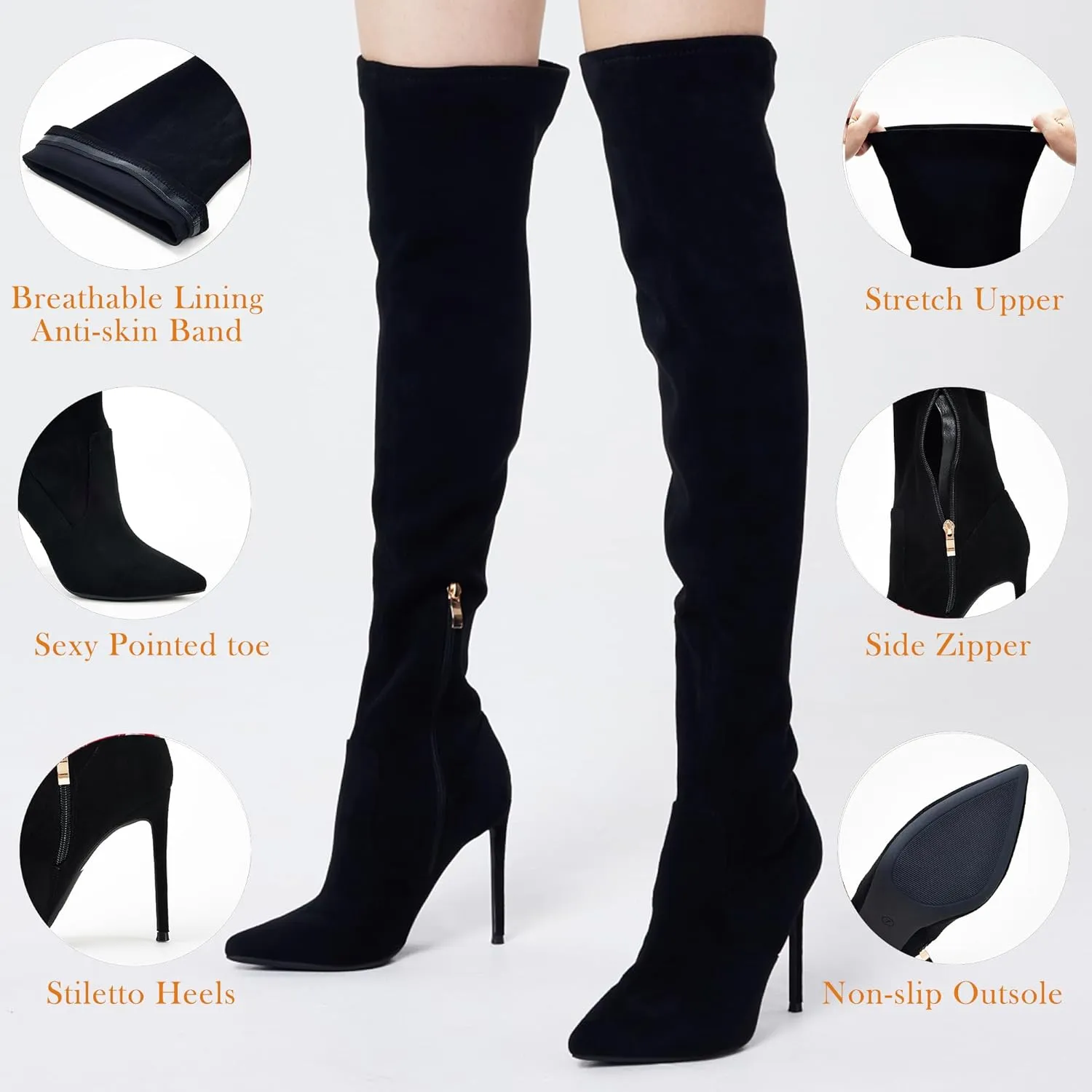 GENSHUO Over the Knee Boots for Women with Heel Suede Thigh High Boots Stretch Sexy Pointed Toe Stiletto Long Boot Shoes