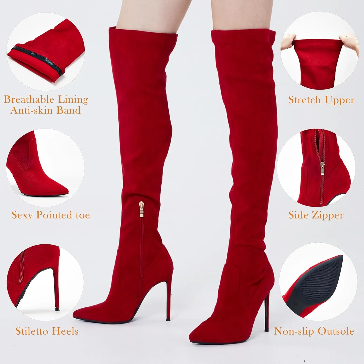 GENSHUO Over the Knee Boots for Women with Heel Suede Thigh High Boots Stretch Sexy Pointed Toe Stiletto Long Boot Shoes