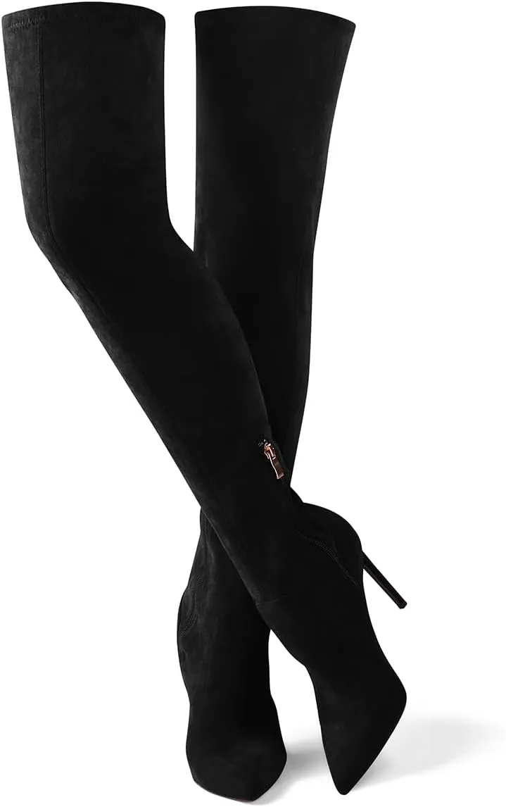GENSHUO Over the Knee Boots for Women with Heel Suede Thigh High Boots Stretch Sexy Pointed Toe Stiletto Long Boot Shoes