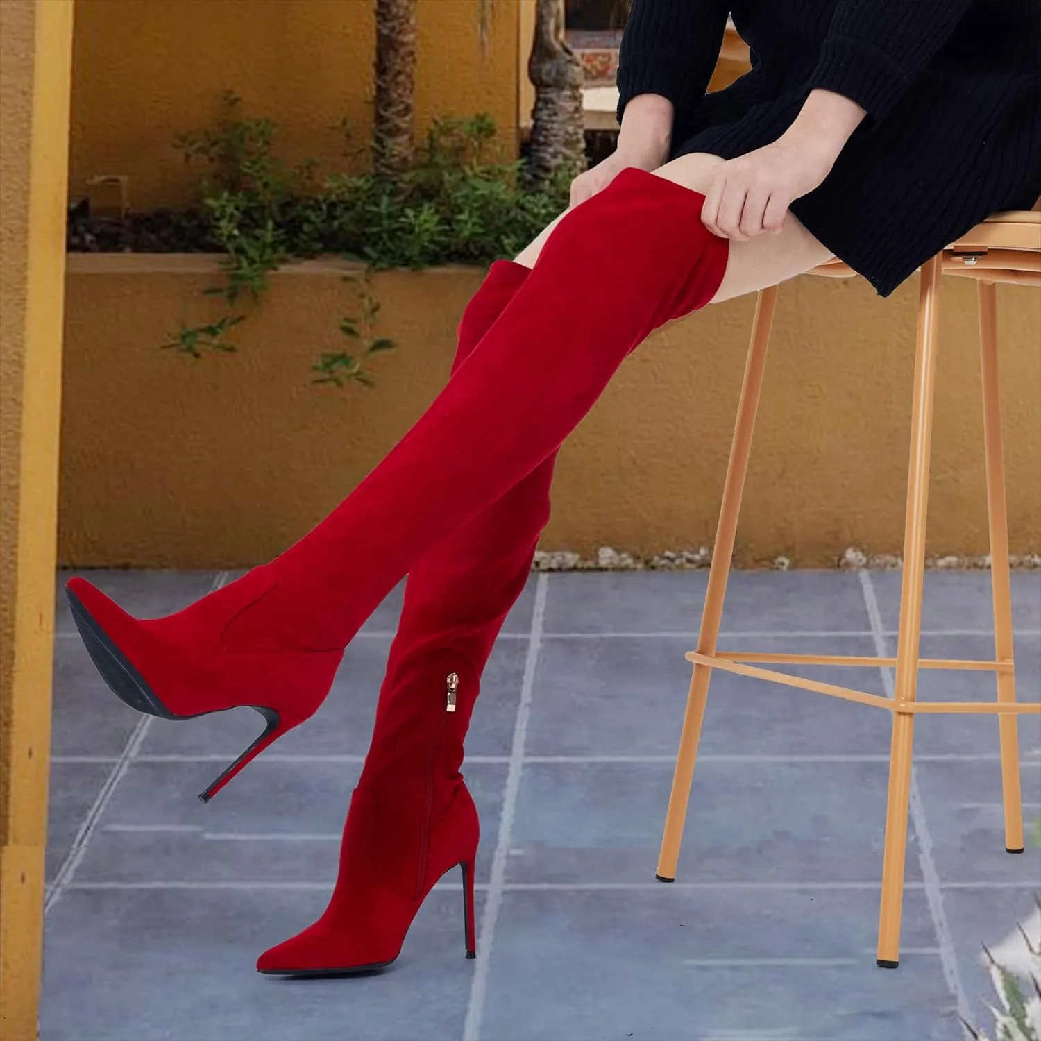 GENSHUO Over the Knee Boots for Women with Heel Suede Thigh High Boots Stretch Sexy Pointed Toe Stiletto Long Boot Shoes