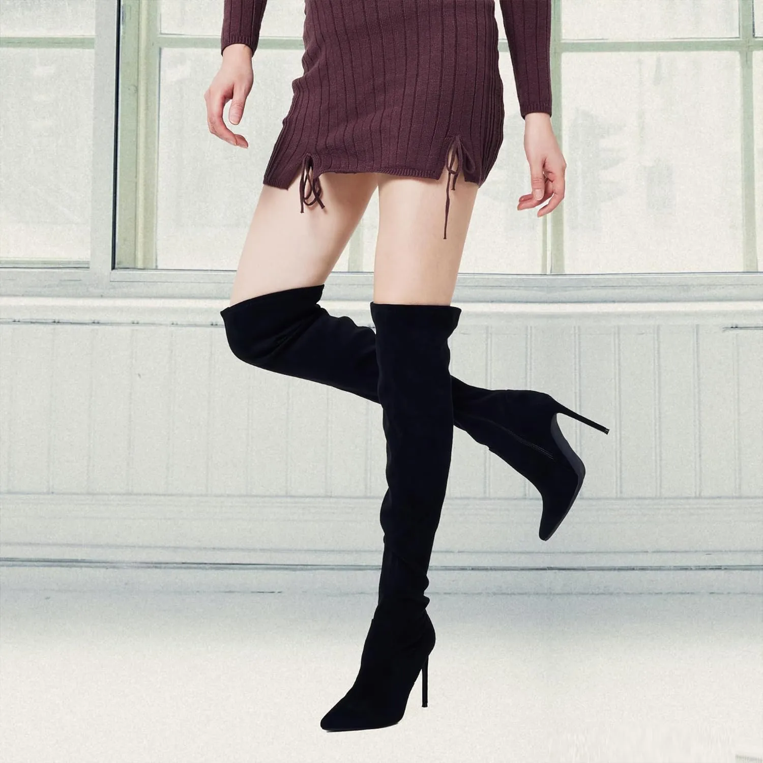 GENSHUO Over the Knee Boots for Women with Heel Suede Thigh High Boots Stretch Sexy Pointed Toe Stiletto Long Boot Shoes