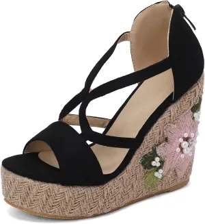 Gicoiz Espadrilles Wedges Women Classic Platform Embroidered Sandals