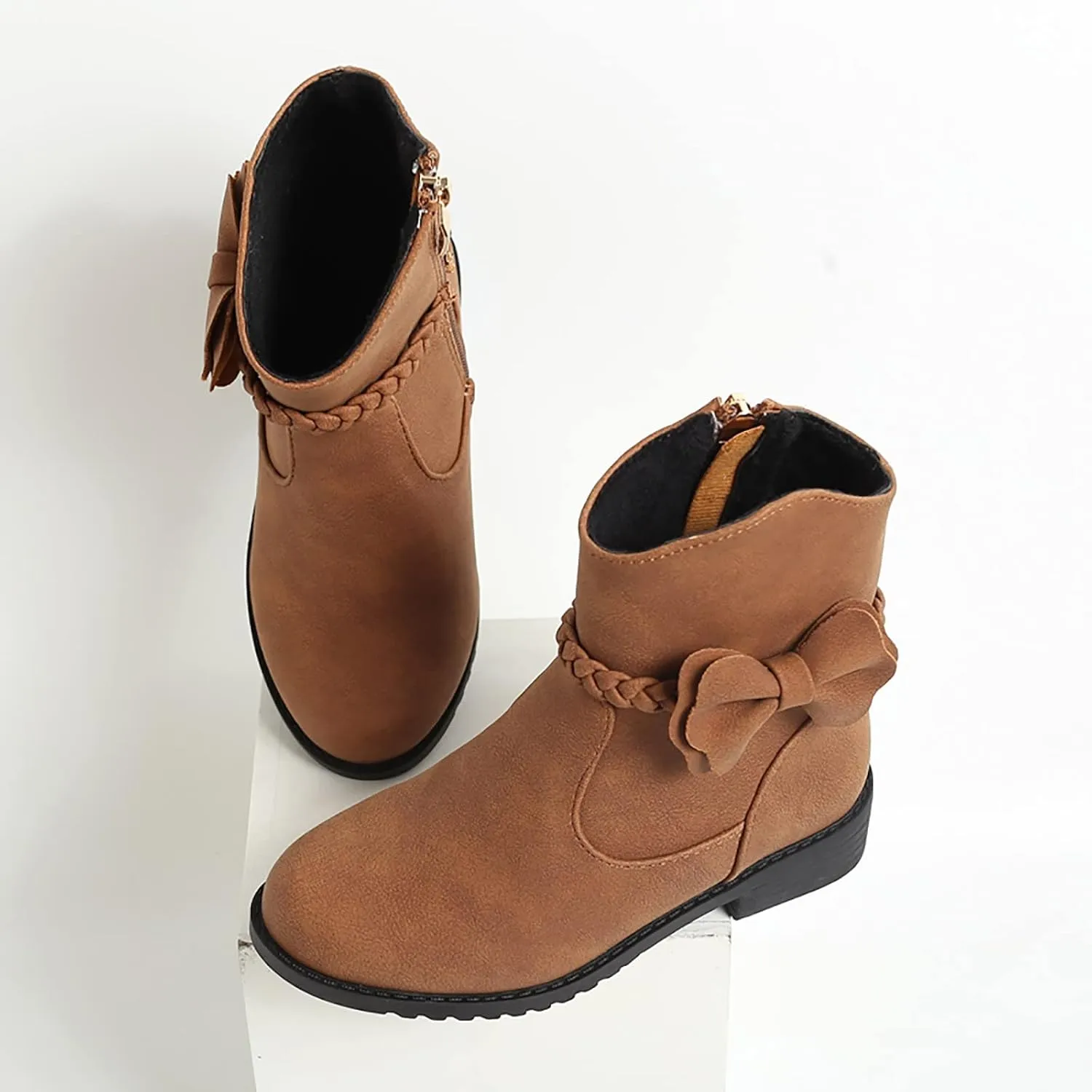 Girls Ankle Boots Kids Sweet Bow Princess Boots Vintage Braided Cowgirl Boots Chunky Low Heel Short Shoes with Zipper