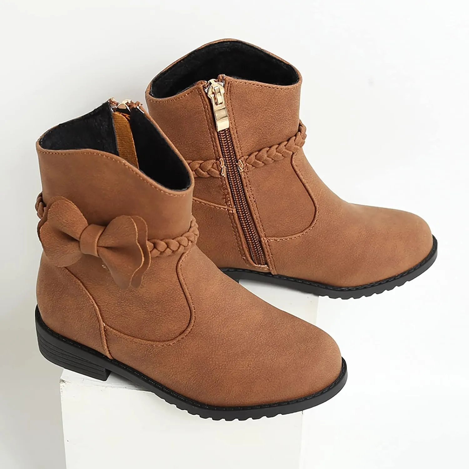 Girls Ankle Boots Kids Sweet Bow Princess Boots Vintage Braided Cowgirl Boots Chunky Low Heel Short Shoes with Zipper