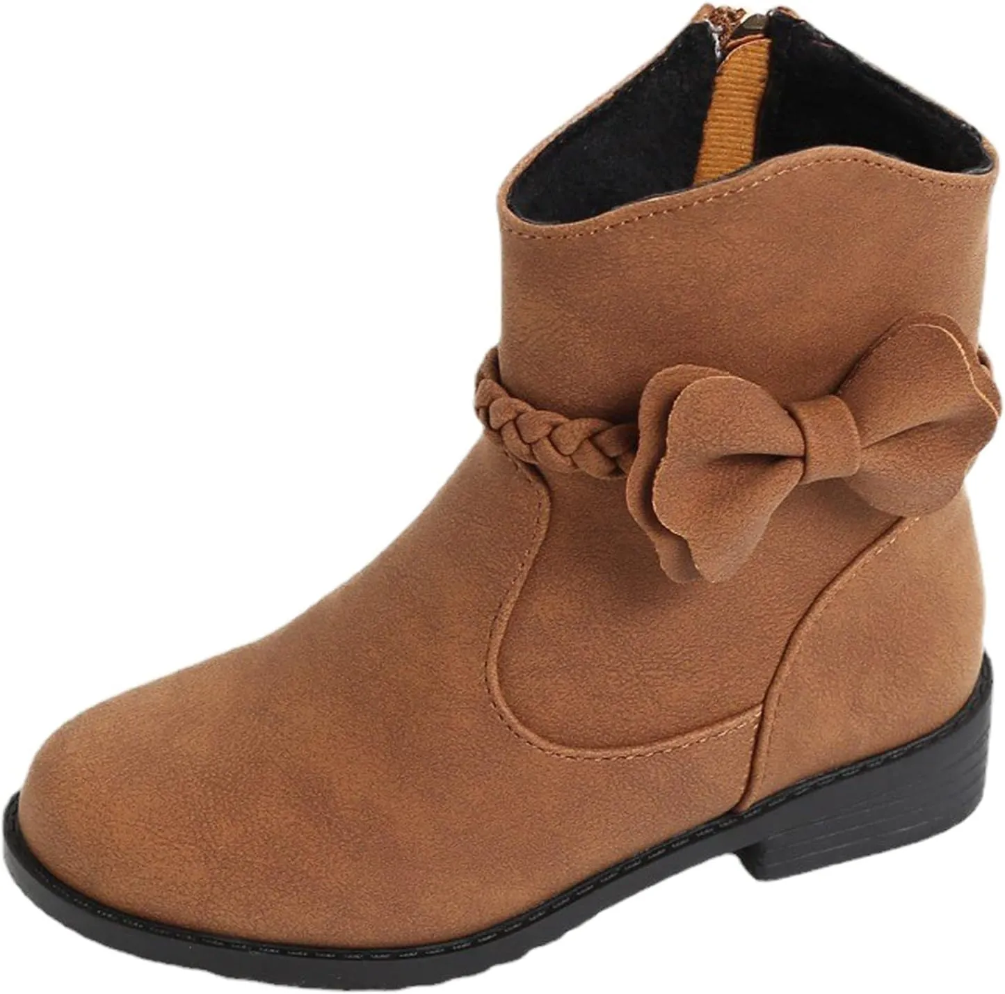 Girls Ankle Boots Kids Sweet Bow Princess Boots Vintage Braided Cowgirl Boots Chunky Low Heel Short Shoes with Zipper