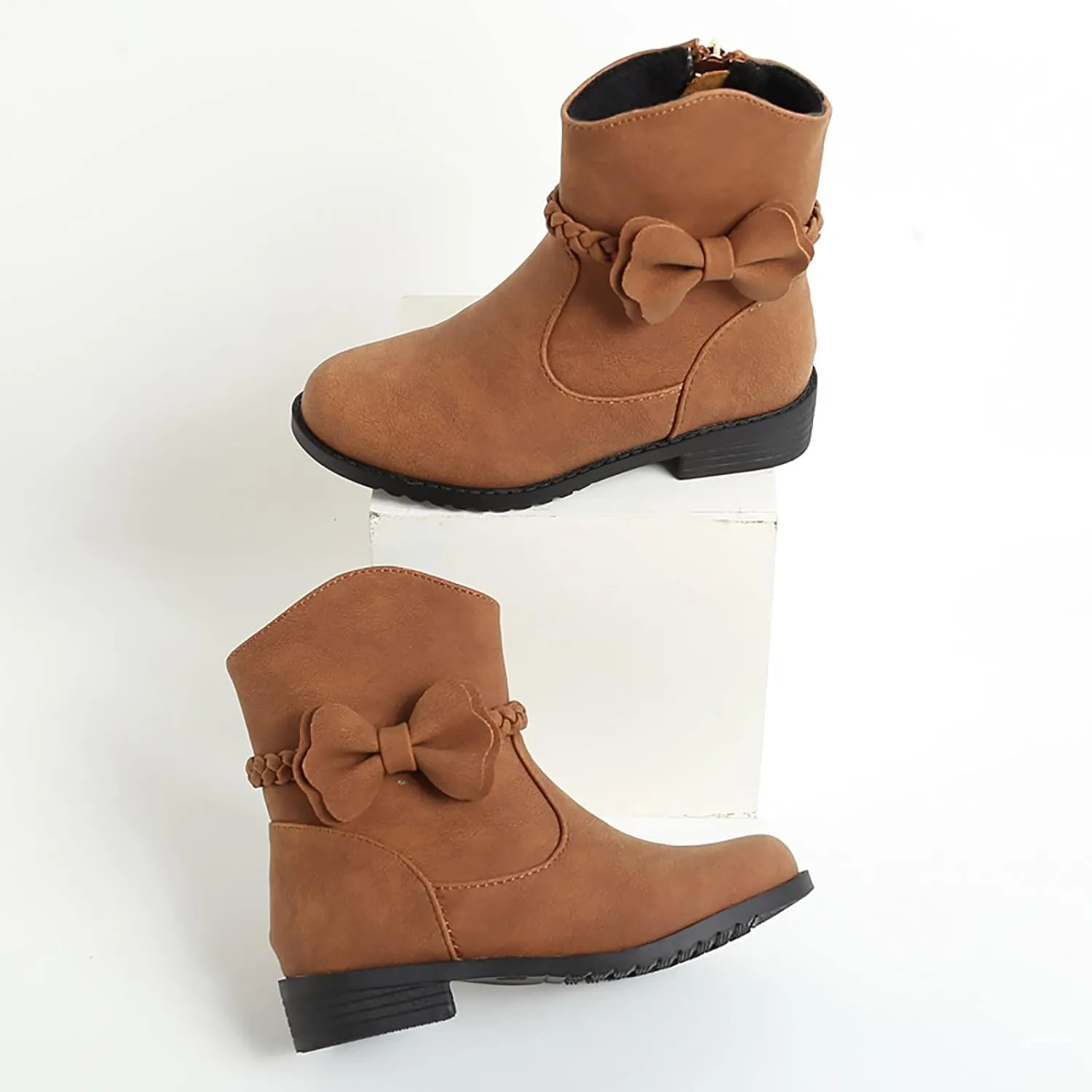 Girls Ankle Boots Kids Sweet Bow Princess Boots Vintage Braided Cowgirl Boots Chunky Low Heel Short Shoes with Zipper