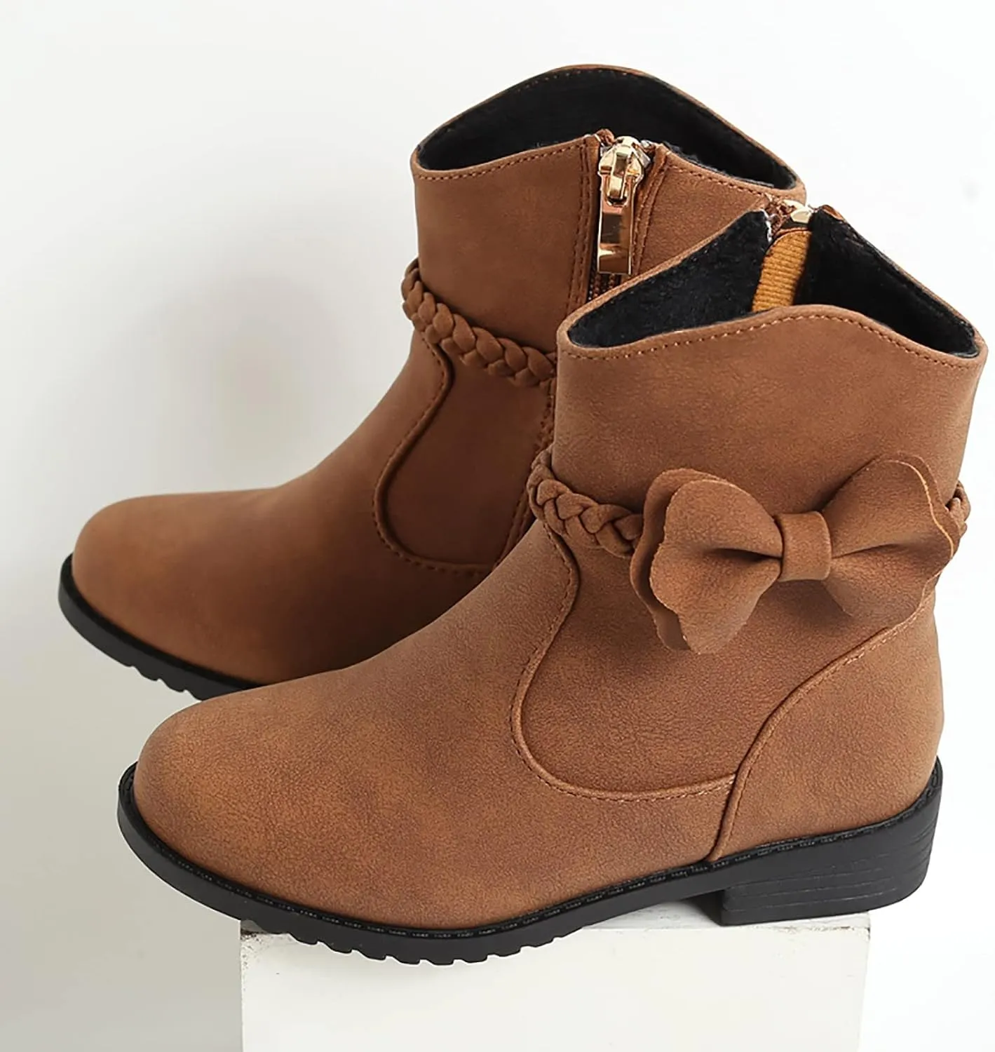 Girls Ankle Boots Kids Sweet Bow Princess Boots Vintage Braided Cowgirl Boots Chunky Low Heel Short Shoes with Zipper