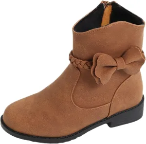 Girls Ankle Boots Kids Sweet Bow Princess Boots Vintage Braided Cowgirl Boots Chunky Low Heel Short Shoes with Zipper