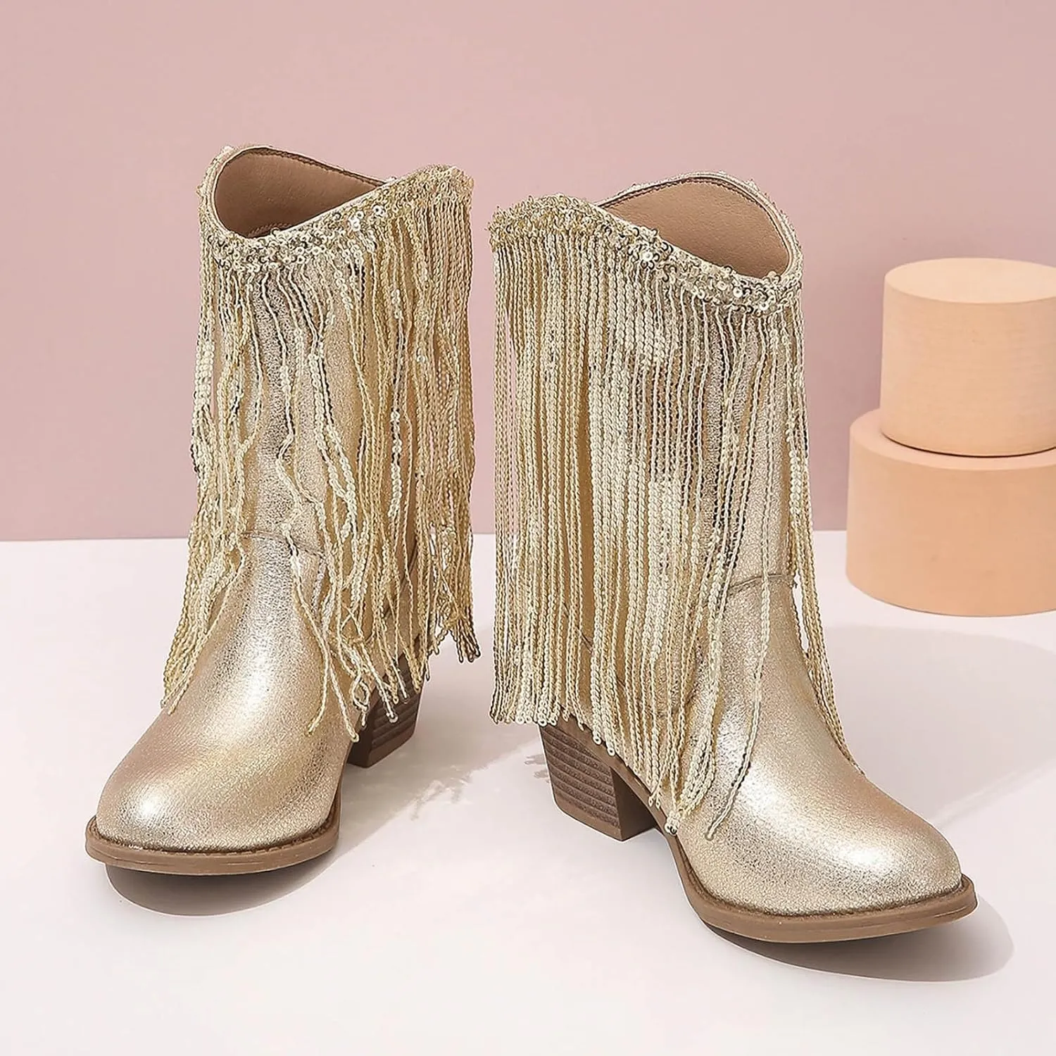 Girl's Cowgirl Boots Cowboy Fringe Western Boots Chunky Heel Tassel Mid Calf Boots Kids Pointed Toe Riding Boots