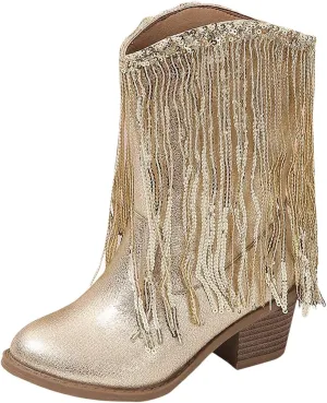 Girl's Cowgirl Boots Cowboy Fringe Western Boots Chunky Heel Tassel Mid Calf Boots Kids Pointed Toe Riding Boots