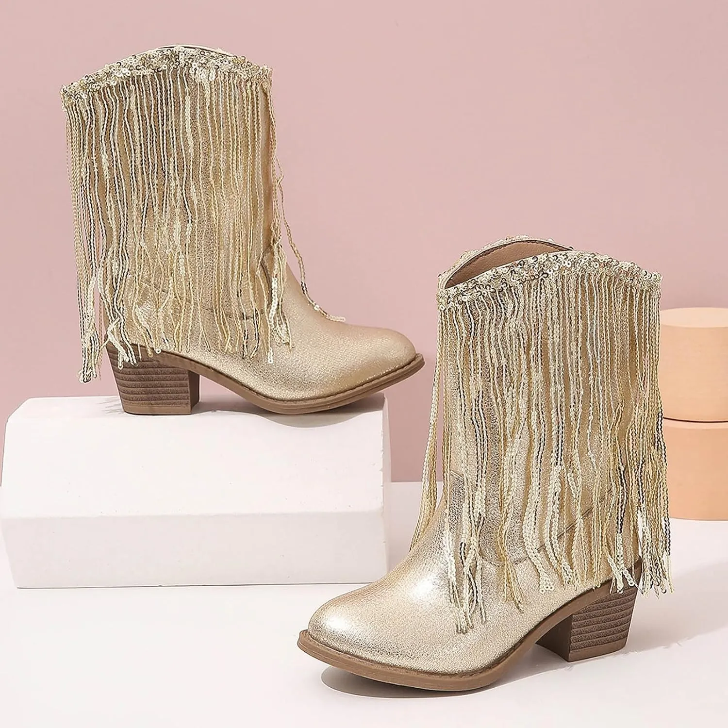 Girl's Cowgirl Boots Cowboy Fringe Western Boots Chunky Heel Tassel Mid Calf Boots Kids Pointed Toe Riding Boots