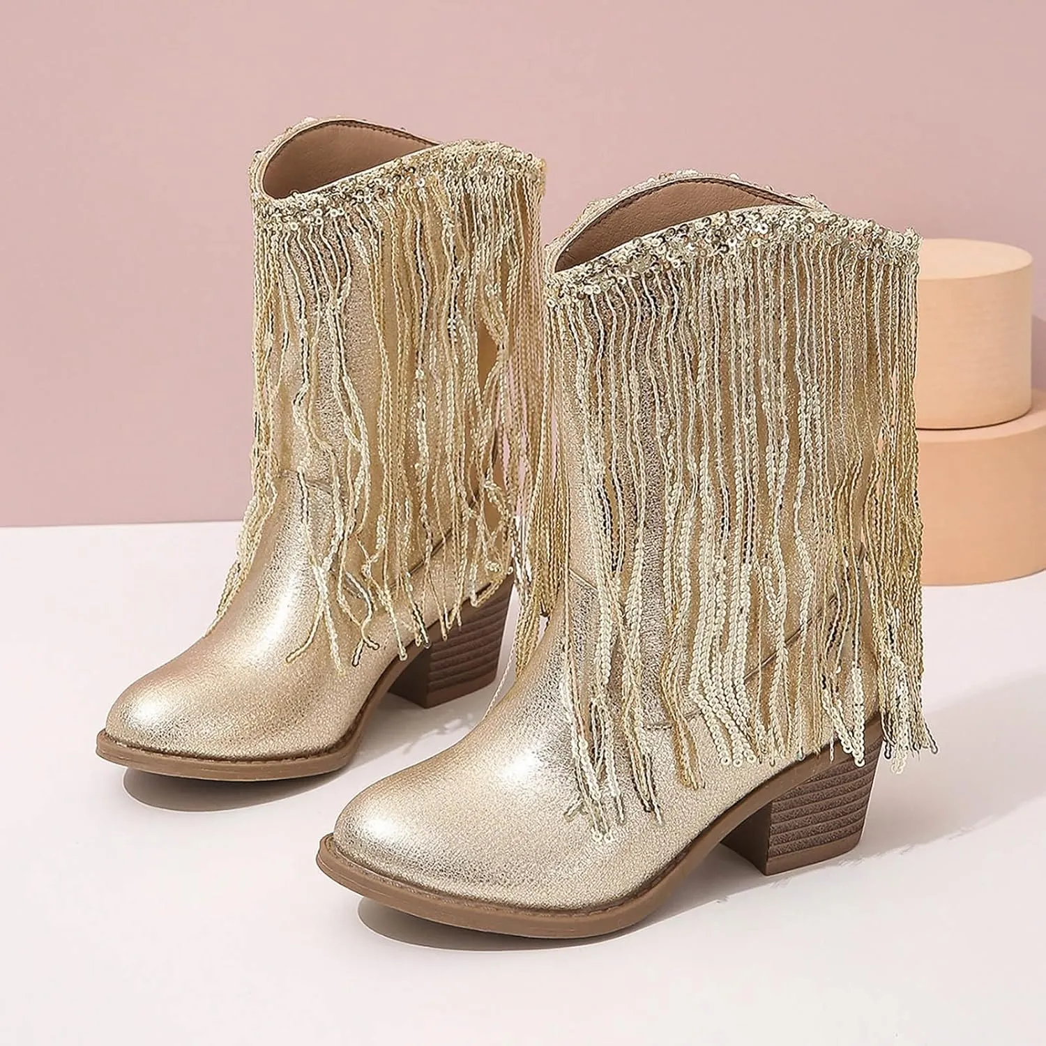Girl's Cowgirl Boots Cowboy Fringe Western Boots Chunky Heel Tassel Mid Calf Boots Kids Pointed Toe Riding Boots