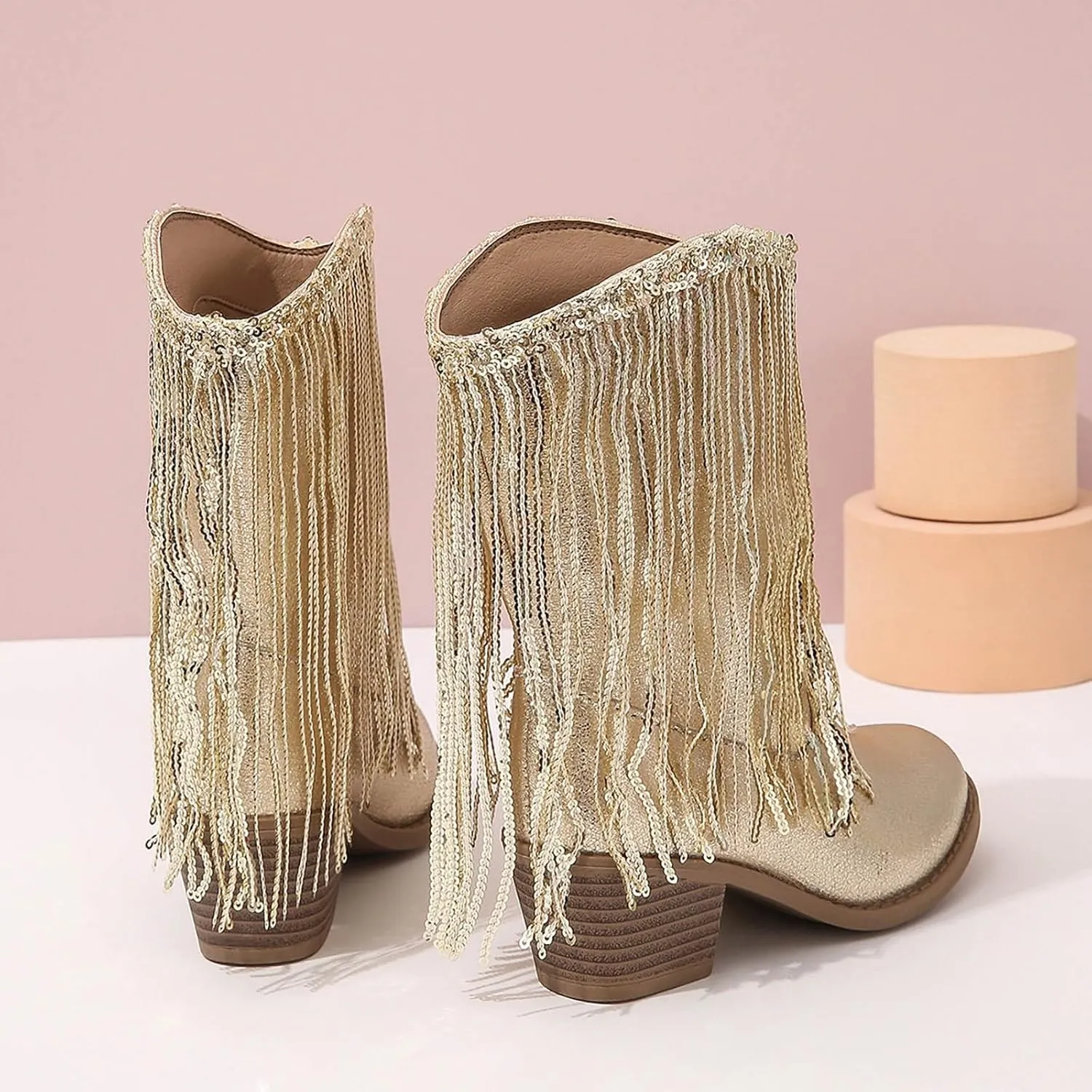Girl's Cowgirl Boots Cowboy Fringe Western Boots Chunky Heel Tassel Mid Calf Boots Kids Pointed Toe Riding Boots