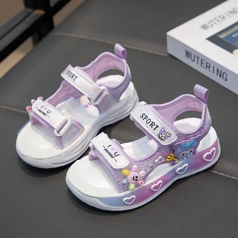 Girls Sport Sandals with Heart Design, Double Strap, Purple and White, Cartoon Character Decoration