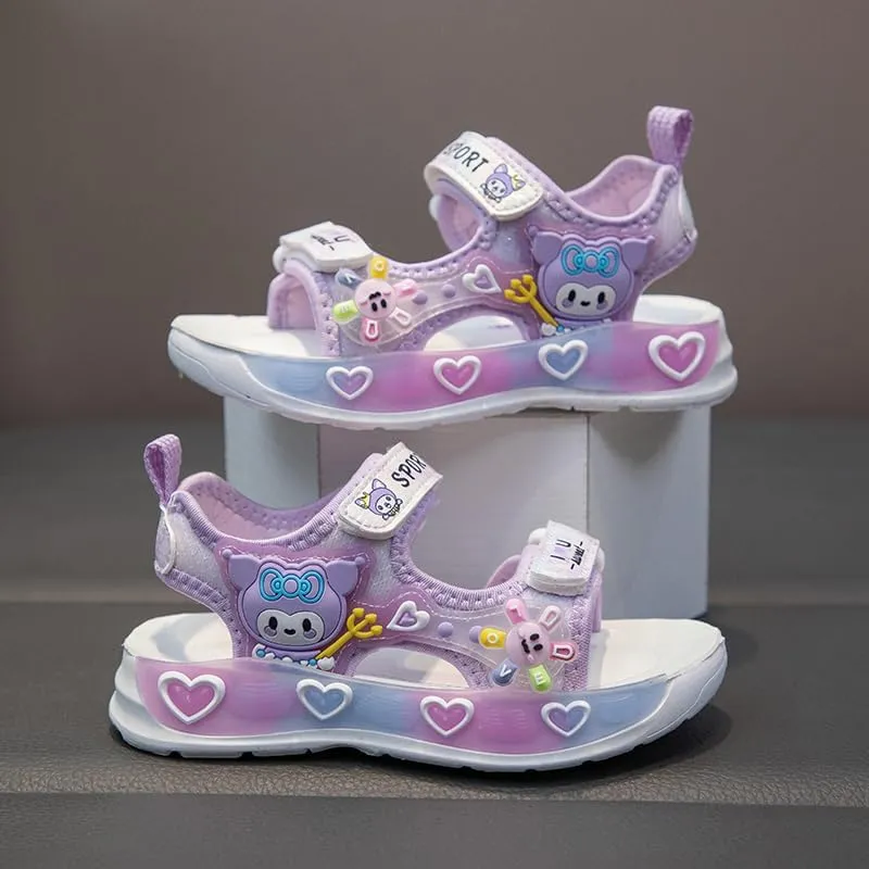 Girls Sport Sandals with Heart Design, Double Strap, Purple and White, Cartoon Character Decoration