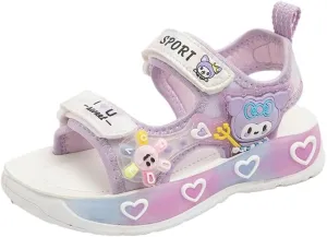 Girls Sport Sandals with Heart Design, Double Strap, Purple and White, Cartoon Character Decoration