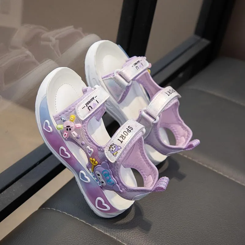 Girls Sport Sandals with Heart Design, Double Strap, Purple and White, Cartoon Character Decoration