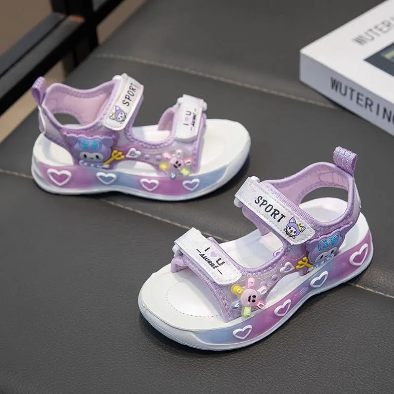 Girls Sport Sandals with Heart Design, Double Strap, Purple and White, Cartoon Character Decoration
