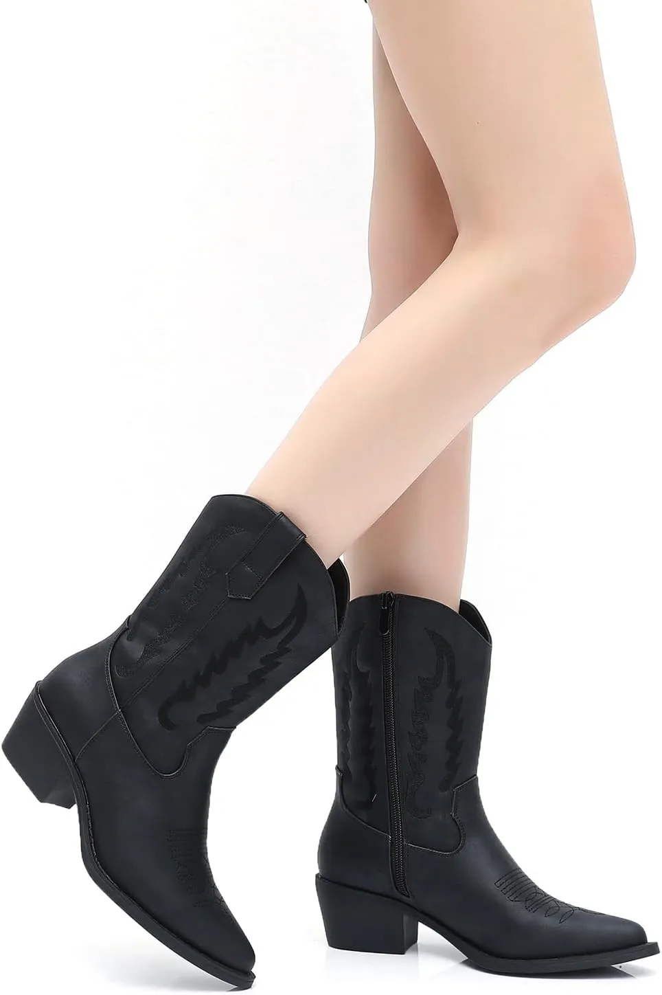 GLOBALWIN Women's Cowgirl Boots Mid Calf Western Cowboy Boots For Women Comfortable Low Heel With Zipper