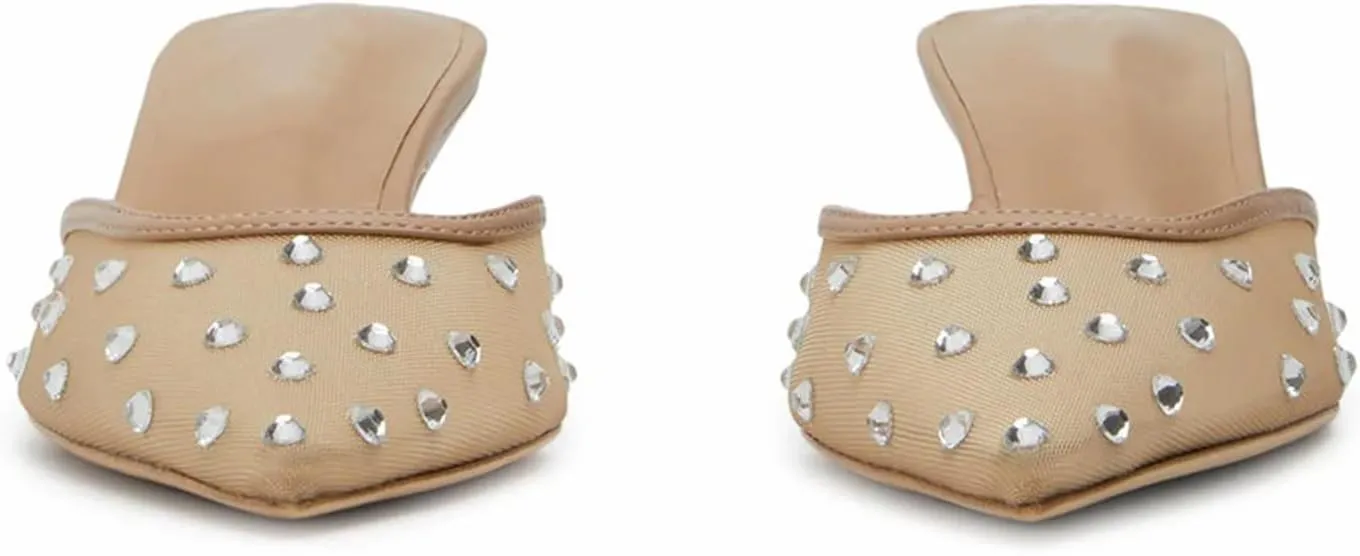 GORZADEUL Women Kitten Heel Mesh Rhinestone Mules Embellished Tulle Mules for Women Slip On Clear Pointed Toe Dress Shoes