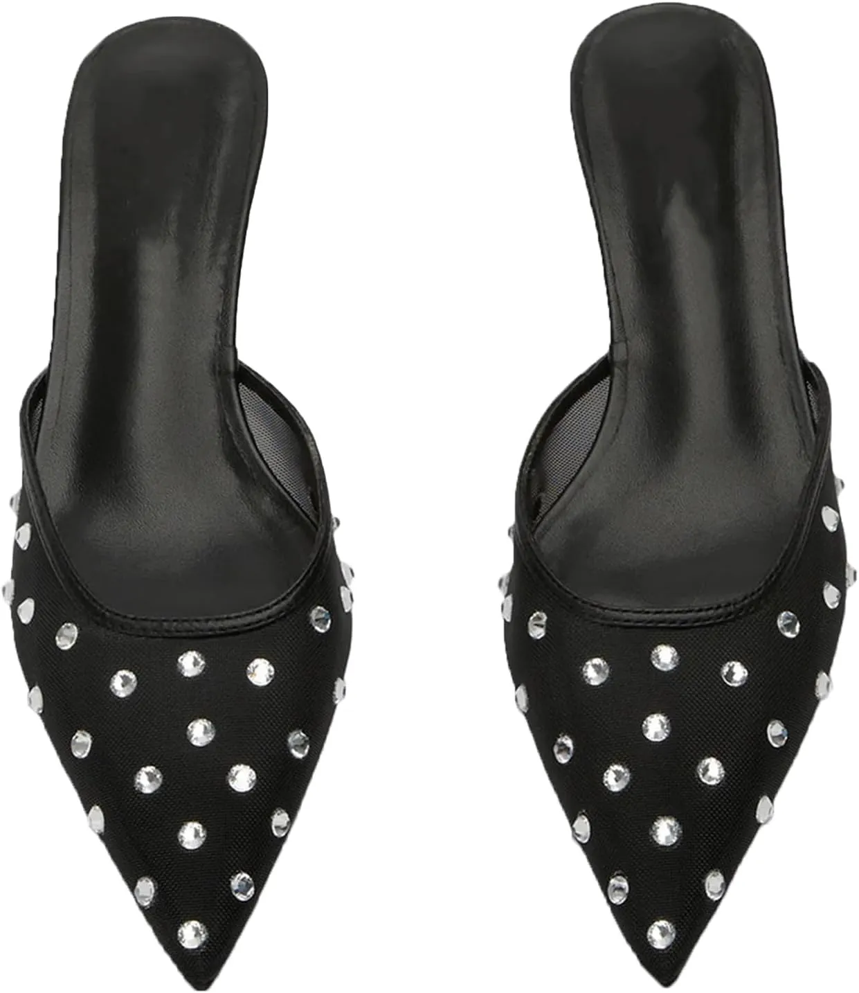 GORZADEUL Women Kitten Heel Mesh Rhinestone Mules Embellished Tulle Mules for Women Slip On Clear Pointed Toe Dress Shoes