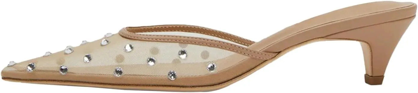 GORZADEUL Women Kitten Heel Mesh Rhinestone Mules Embellished Tulle Mules for Women Slip On Clear Pointed Toe Dress Shoes
