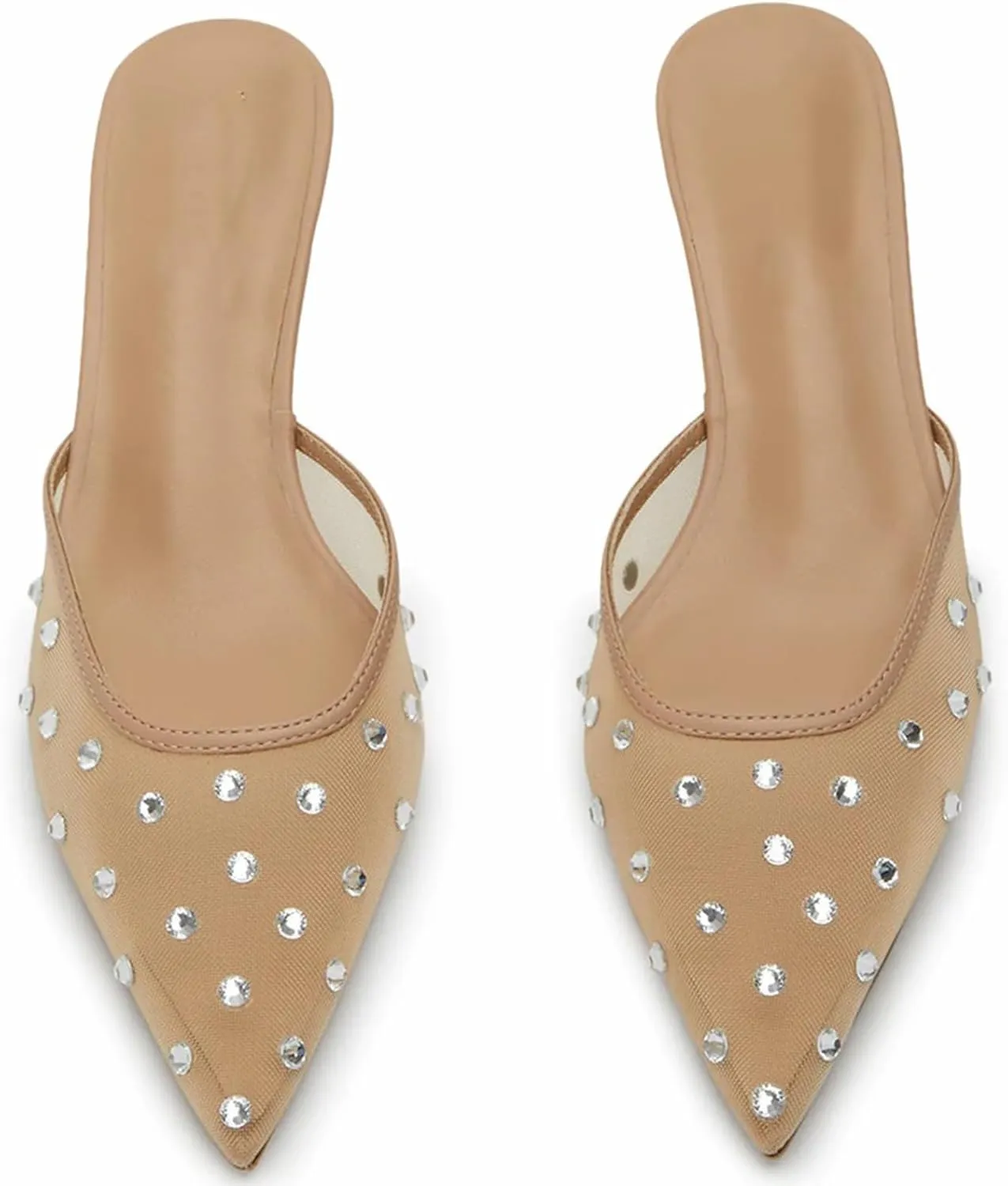 GORZADEUL Women Kitten Heel Mesh Rhinestone Mules Embellished Tulle Mules for Women Slip On Clear Pointed Toe Dress Shoes