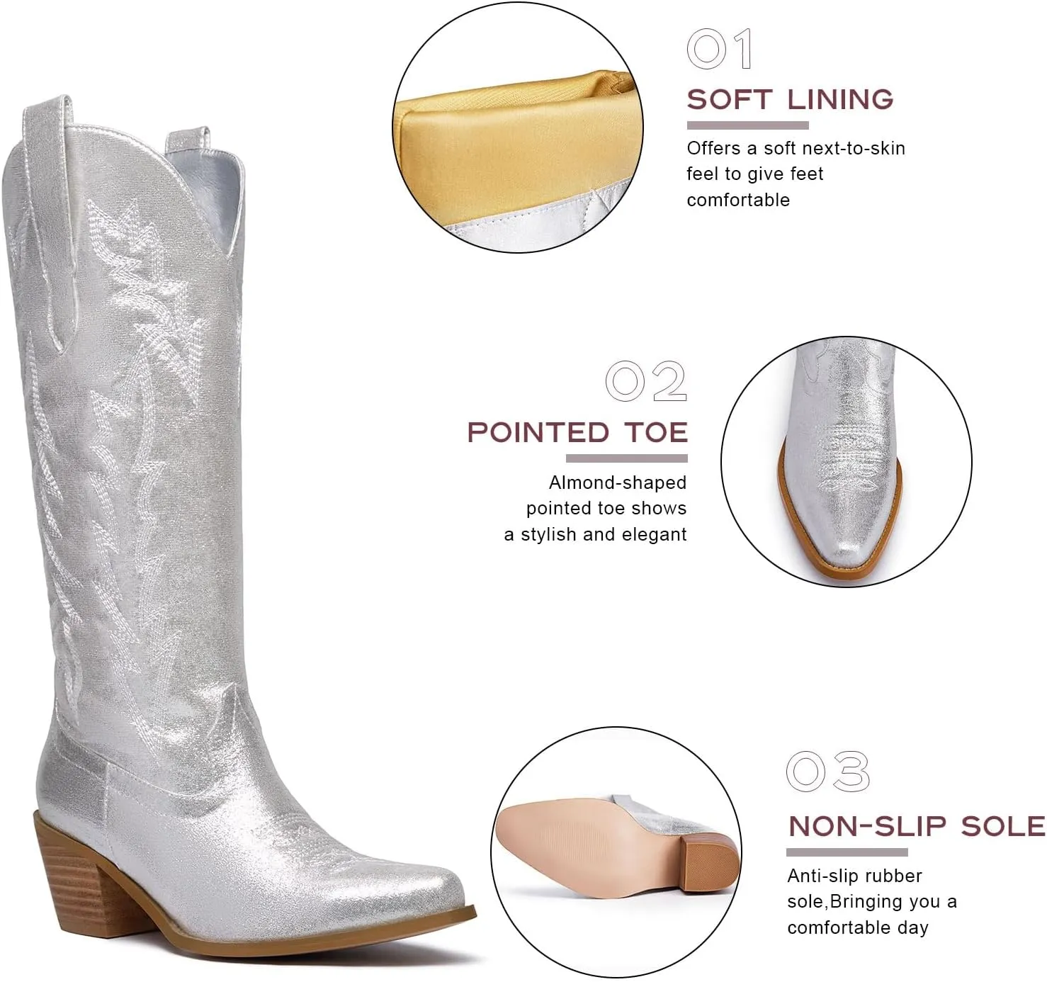 GOSERCE Cowboy Boots for Women Cowgirl Mid Calf Boots Floral Embroidery Pointed Toe Chunky Heel 2.5" Pull-On Fashion