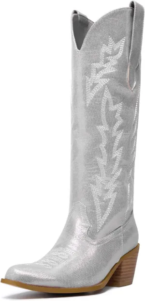 GOSERCE Cowboy Boots for Women Cowgirl Mid Calf Boots Floral Embroidery Pointed Toe Chunky Heel 2.5" Pull-On Fashion