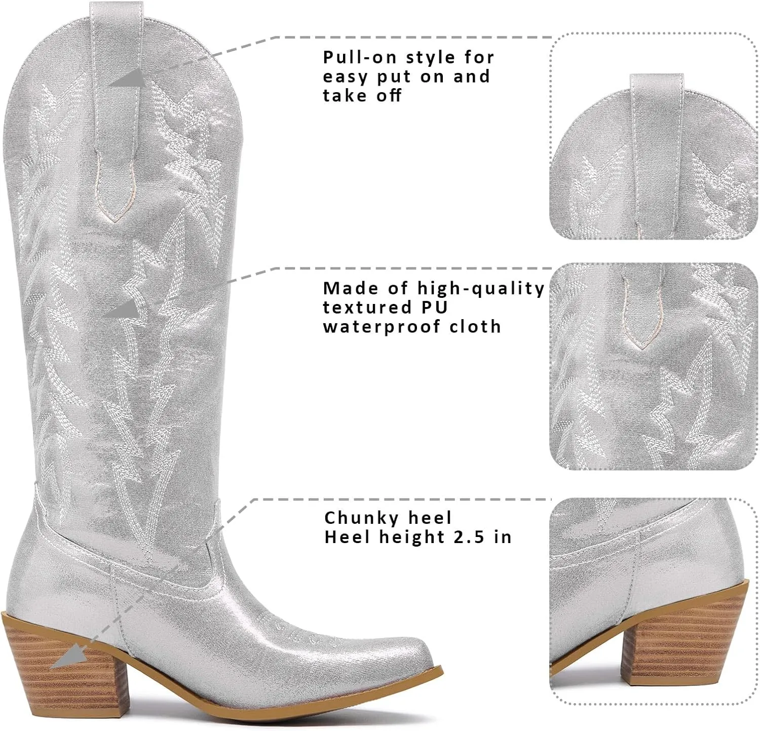 GOSERCE Cowboy Boots for Women Cowgirl Mid Calf Boots Floral Embroidery Pointed Toe Chunky Heel 2.5" Pull-On Fashion