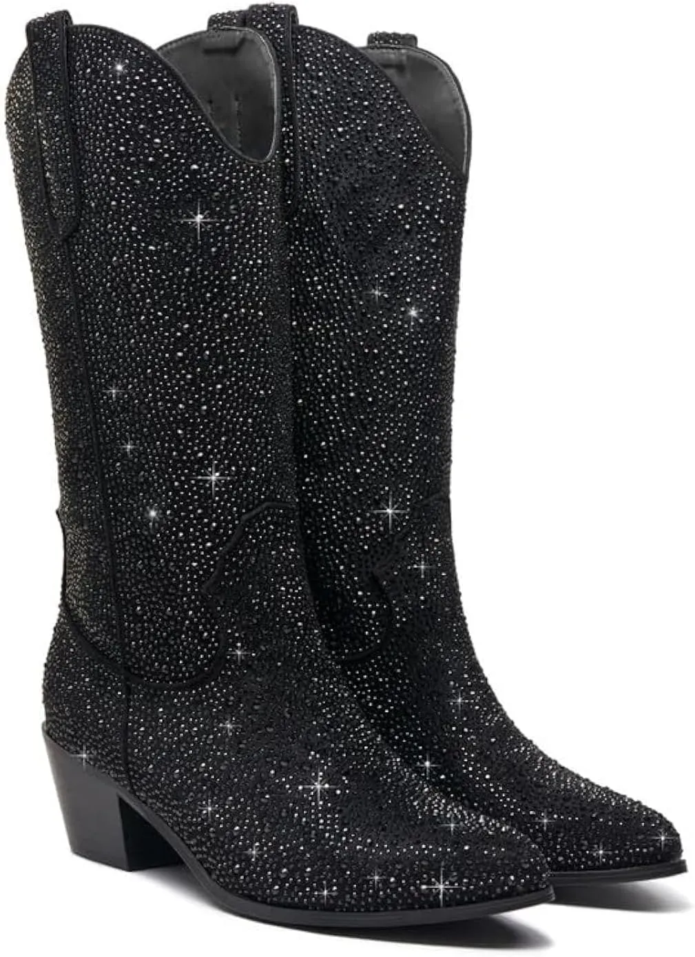 GOSERCE Rhinestone Cowboy Boots Mid Calf Sparkly Cowgirl boots for Women Pointed Toe Low Chunky Stacked Heel 5cm Pull On Tabs Shiny Sparkle Glitter Fashion Party Retro Classic Vintage